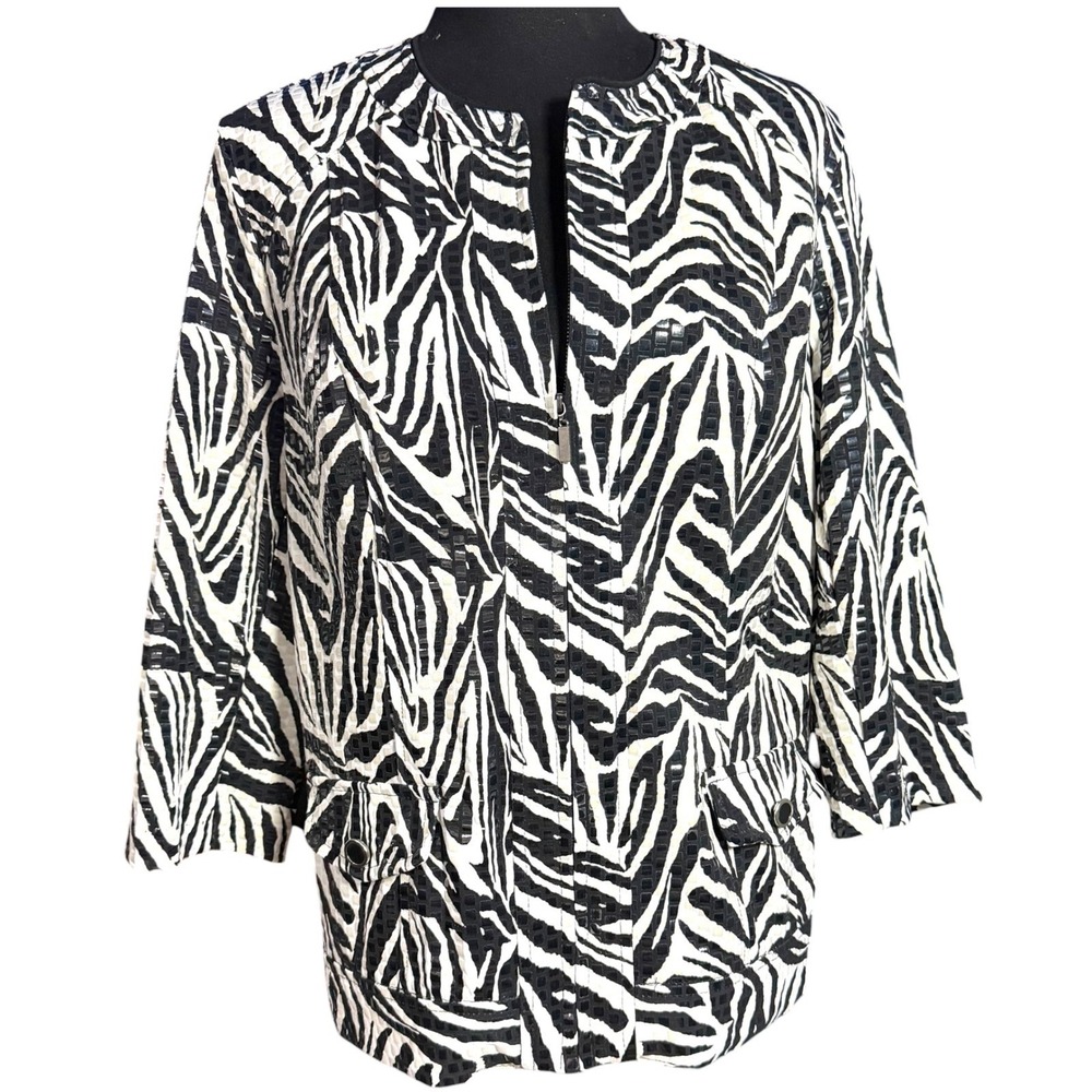 Elementz Womens Zebra Print Zip Up Jacket Black White 3/4 Sleeve Large Sequinss - Picture 2 of 11